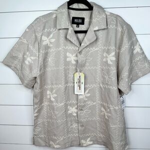 Malibu Mens Camp Collar Button-Up Shirt Size M Beige Embroidered Floral Resort